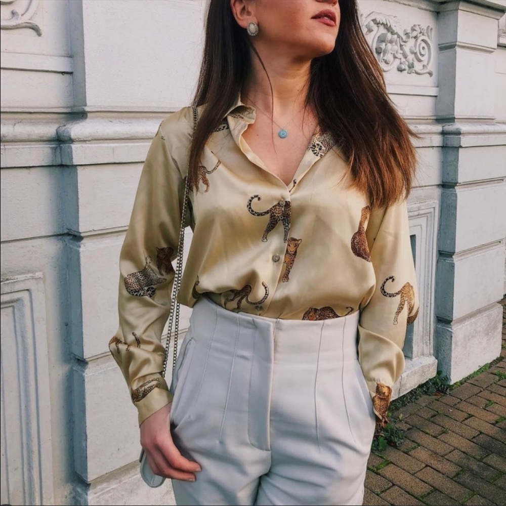 Zara Leopard Print Button Down Satin Blouse